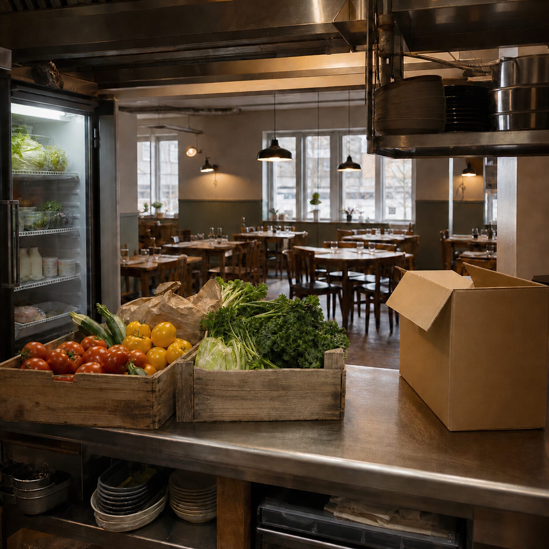 Råvareleveranser i restaurantkjøkken med tom servering før åpning.